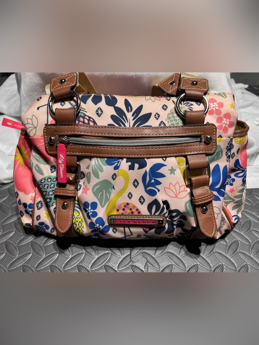 Lily Bloom Pink Tropical Flamingo Shoulder Bag with Tan Trim